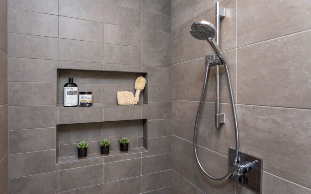 Grey stone walls of the shower area