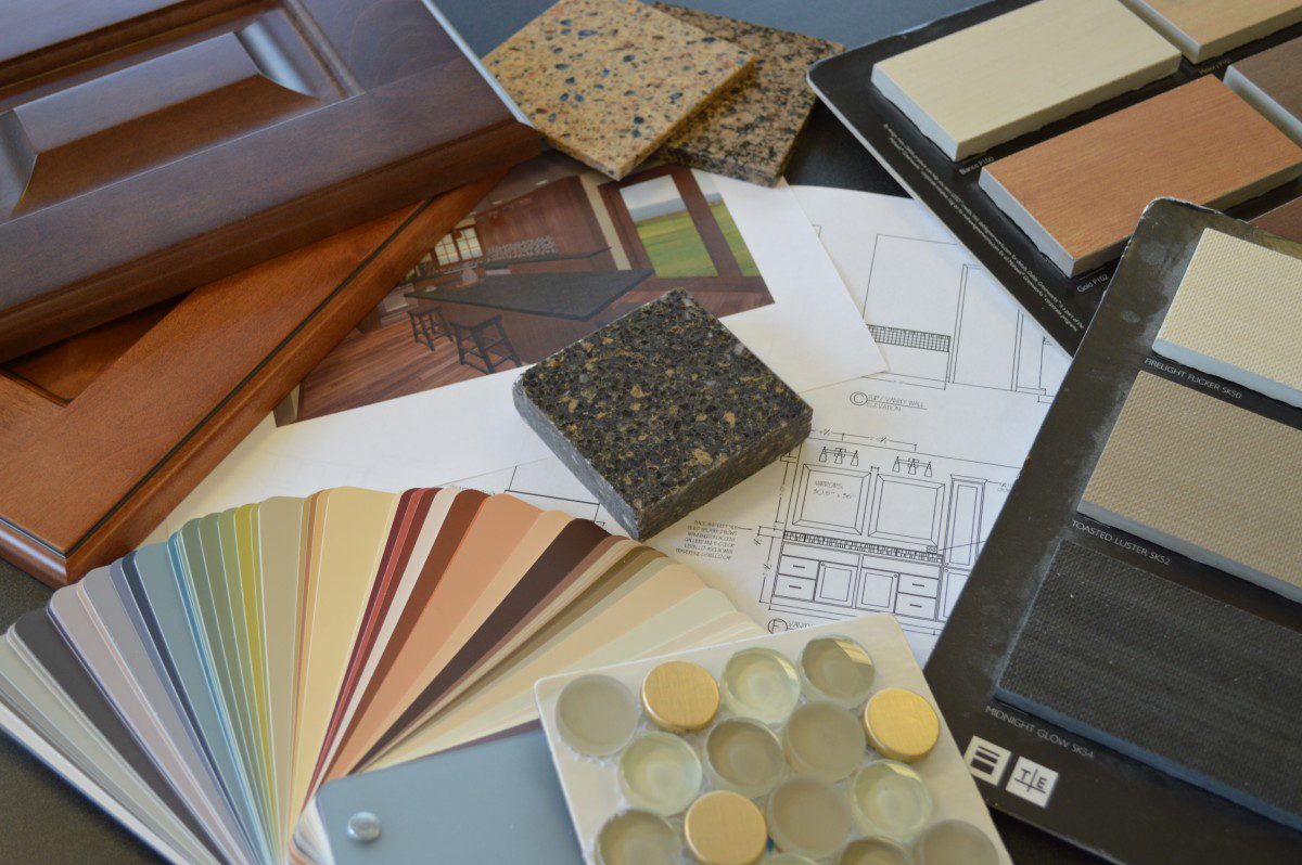 Sample wood, tiles, and paint palettes for interiors