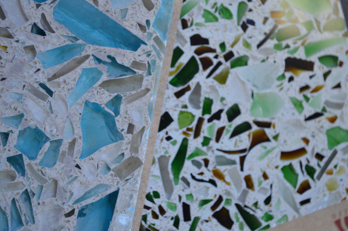 Recycled glass tiles, blue and green