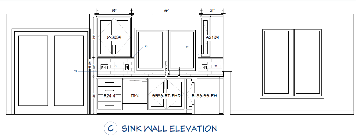 A blue print of the sink wall elevation